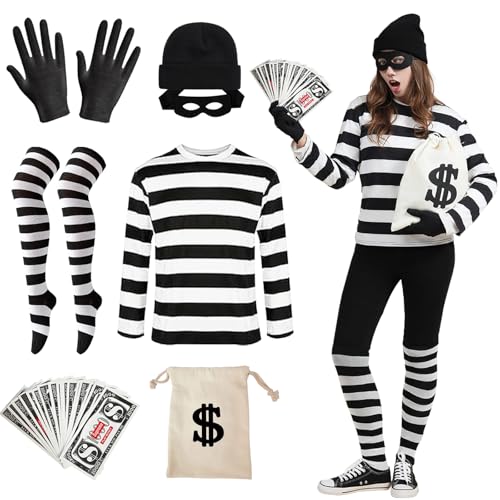 BARVERE Sträfling Kostüm Damen Herren, Bankräuber Kostüm Erwachsene, Halloween Karneval Kostüm Set für Rollenspiele als Prisoner, Gefangener, Knasti, Ladendieb, Räuber, Häftling, Einbrecher (XL) von BARVERE