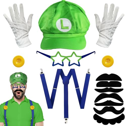 BARVERE Super Anime Kostüm, Cosplay Kostüm mit Mütze, Handschuhen, Schnurrbart, Knöpfen, Grüne Filzbrille und Trageriemen, Knöpfen als Kostüm für Fasching & Karneval von BARVERE