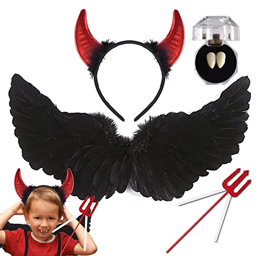 BARVERE Teufel Kostüm Damen Mädchen, 60CM Schwarze Flügel Set mit Teufel Hörner, Teufelszähnen und Dreizack, Engel und Teufel Kostüm Kinder Erwachsenes, Engelsflügel Schwarz für Halloween Karneval von BARVERE