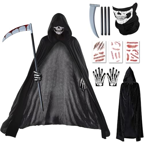 BARVERE Teufel Kostüm Karneval, 2024 Sensenmann Kostüm Damen & Herren, Totenkopf Maske Set mit Sensemann Umhang, Halloween Sense und Handschuhe, Totenkopf Kostüm Unisex für Cosplay Halloween Karneval von BARVERE