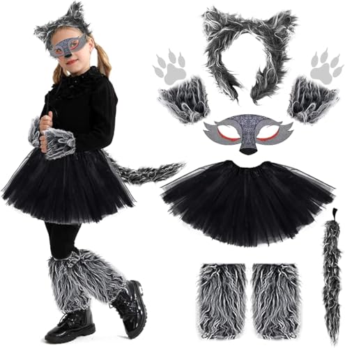 BARVERE Wolf Kostüm Kinder, 2025 Werwolf Kostüm Set mit Maske, Haarband, Werwölfe Rock, Handstickerei und Fußsäcke, Faschingskostüme Kinder Mädchen für Halloween Cosplay Geburtstag Party von BARVERE