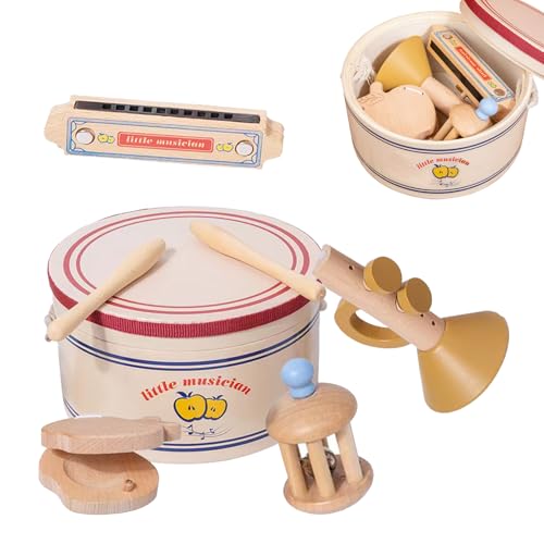 BASAMOU Baby-Musikinstrumente Kinder 1-5 Jahre Montessori Holzspielzeug, 5 in 1 Musical Instruments Percussion Set Mit Trommel/Trompete/Kastagnetten/Klingeln/Mundharmonika, Kinder Geschenk von BASAMOU