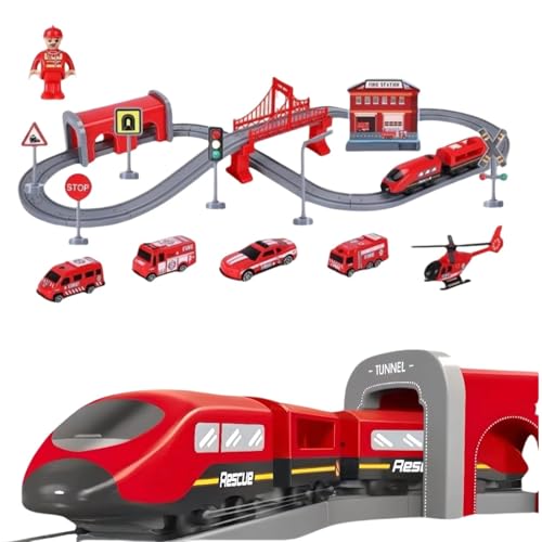 BASAMOU Autorennbahn Rennbahn Zugspielzeug 3 4 5 6 7 8 Jahre Kinder Strax Bahn, Rennstrecke Schienen Auto Spielzeug, Flexible Track Spiele, Cars Spielzeug Junge Mädchen Geschenk (Feuerwehrwagen) von BASAMOU