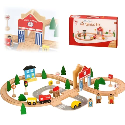 BASAMOU Holzeisenbahn Set für Kleinkinder Züge Kinder, 50 Pcs Eisenbahn Holz Zugspielzeug ab 3 4 5 6 7 8 Jahren Kompatibel mit Thomas, Passend, Brio, Jungen Mädchen Geschenk für Geburtztag Weihnacht von BASAMOU