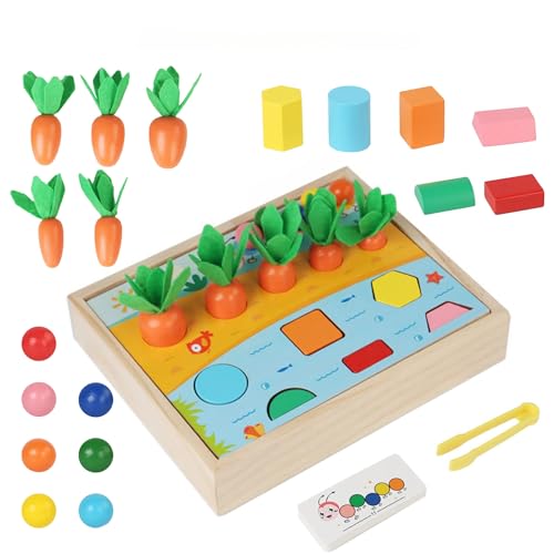 BASAMOU Holzspielzeug Montessori ab 1 Jahr Baby Motorikspielzeug, Kinderspielzeug ab 1 2 3 4 Jahr Jungen Mädchen, Farben Sortierspiel Holzpuzzle Karottenernte Clip Perlen, Lernspielzeug Geschenke von BASAMOU