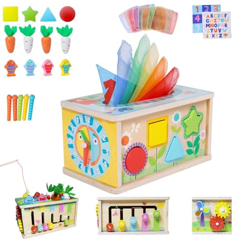 BASAMOU Montessori Spielzeug Baby ab 6 Monate, 8 in 1 Holzspielzeug Tücherbox Seidentücher Baby 0-12 Monate, Motorikspielzeug Steckspiel Kinder 1-3 Jahr Sensorik Spielzeug Jungen Mädchen Baby Geschenk von BASAMOU