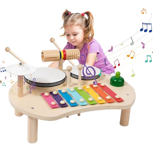 BASAMOU Spielzeug Schlagzeug Trommel Kinder ab 1 Jahr, Set Musikinstrumente Schlagzeug Kinder ab 1-5 Jahr mit Xylophon, Holzspielzeug Montessori Baby Toys, Weihnacht Geschenk Kinder Mädchen (6 in 1) von BASAMOU