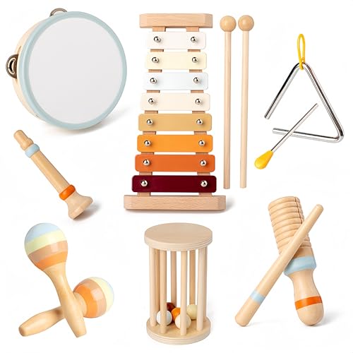 Set Musikinstrumente für Kinder ab 1-5 Jahre, BASAMOU Montessori Holzspielzeug Baby, 7 in 1 Musikinstrumente Schlagzeug Trommel Xylophon Percussion, Weihnacht Geschenk Kinder Mädchen Junge von BASAMOU