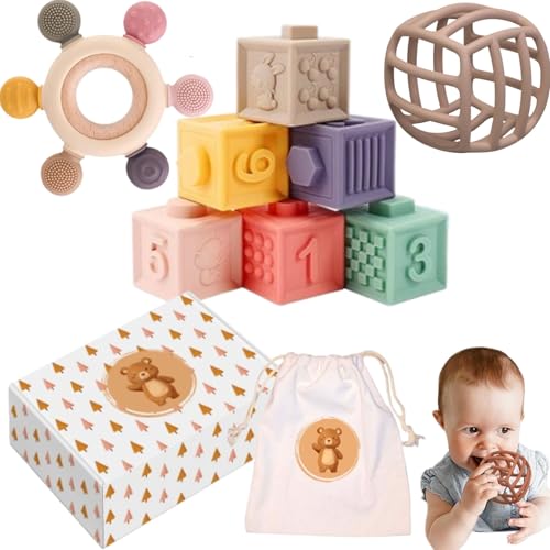 Montessori Babyspielzeug | Lernspiele für Babys | Spielzeug für Babys ab 3 Monaten | Geschenk zur Geburt | sensorischer Ball | Beißring Rassel | Würfel zum Stapeln | Säuglingserei | Geschenkset Unisex von BASSIAK