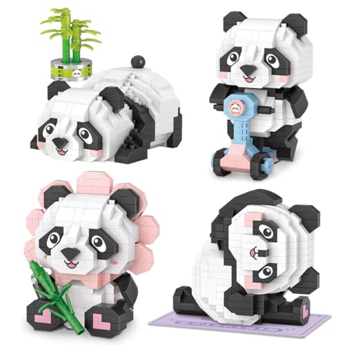 BAUNKO Panda Bausteine Bausatz, 4 Stück Mini Tiere Bausteine Modell, DIY Klemmbausteine Modellbausatz Konstruktionspielzeug von BAUNKO