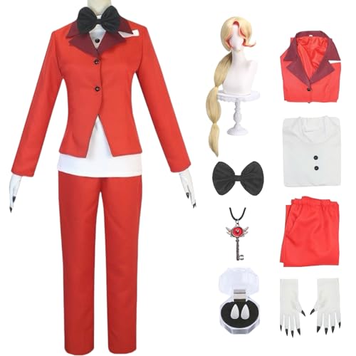 BAWKGDB Hazbin Hotel Cosplay Rot Morningstar Kostüm mit Perücke, Handschuhen, Halloween Komplettset (Rot + Perücke, L) von BAWKGDB