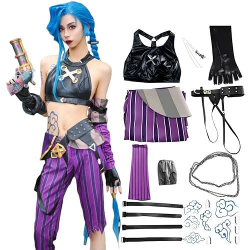 BAWKGDB Jinxarcane Cosplay-Kostüm mit langem blauen Perückenzubehör, Tattoo-Aufklebern, schwarzem Handschuhen und Gürtel, Anime-Halloween-Set für Damen (Lila, 2XL) von BAWKGDB