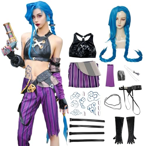 BAWKGDB Jinxarcane Cosplay-Kostüm mit langem blauen Perückenzubehör, Tattoo-Aufklebern, schwarzem Handschuhen und Gürtel, Anime-Halloween-Set für Damen (Lilac+Perücke, 2XL) von BAWKGDB