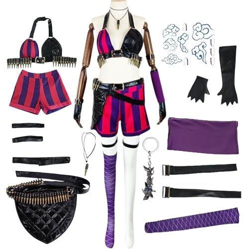 BAWKGDB Jinxarcane Cosplay-Kostüm mit langem blauen Perückenzubehör, Tattoo-Aufklebern, schwarzem Handschuhen und Gürtel, Anime-Halloween-Set für Damen (Pink, 2XL) von BAWKGDB