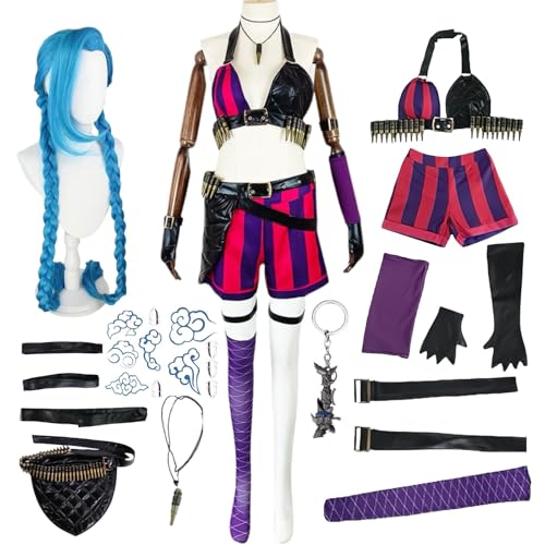 BAWKGDB Jinxarcane Cosplay-Kostüm mit langem blauen Perückenzubehör, Tattoo-Aufklebern, schwarzem Handschuhen und Gürtel, Anime-Halloween-Set für Damen (Rosa + Perücke, 2XL) von BAWKGDB