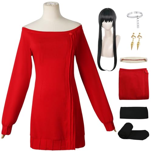 BAWKGDB Yor Forger Cosplay-Kostüm Rotes Pulloverkleid mit Perücke und Ohrringen Halloween-Outfit (Roter+Perücke, L) von BAWKGDB