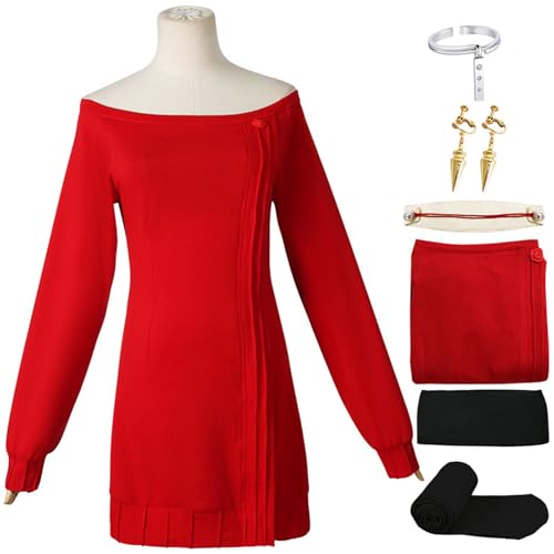 BAWKGDB Yor Forger Cosplay-Kostüm Rotes Pulloverkleid mit Perücke und Ohrringen Halloween-Outfit (Roter, L) von BAWKGDB