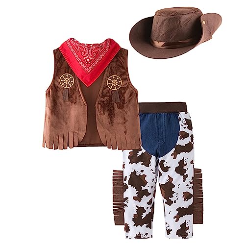 BAYORE Baby Cowboy Kostüm Schal Weste Hose Cowboy Cosplay Outfit Foto Requisiten Kleinkind Fotokleidung Cowboy Uniform Jungen Westernkleidung Cowboy Mottoparty Kostüm von BAYORE