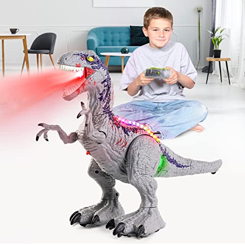 BAZOVE Ferngesteuert Dinosaurier Spielzeug, 2.4Ghz Elektronik RC Velociraptor Dino Spielzeug mit 360° Drehstunt, Sprühfunktion, Brüllen und LED-Licht, Geschenk für Jungen Mädchen ab 3+ Jahre von BAZOVE