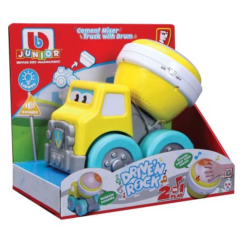 BB Junior Drive 'N Rock - Betonmischer mit Trommel: Spielzeugfahrzeug mit abnehmbaren Musikinstrument, inkl. Batterien, ab 12 Monaten (16-89032), Gelb von Animagic