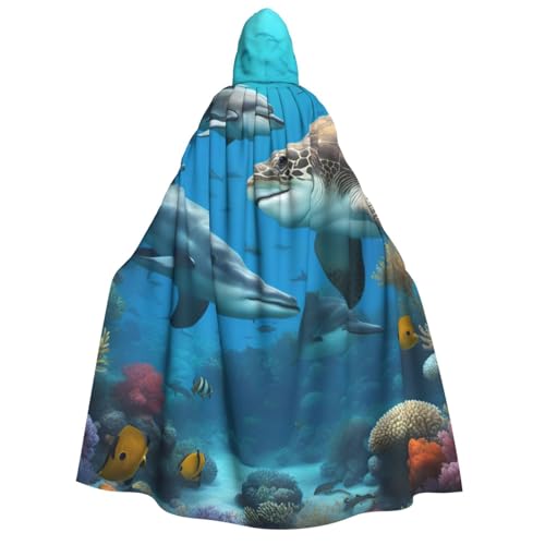 BBEXJIGY Delfine Sea Turtle Shark Octopus Coral Reef Print Uni Hooded Halloween Cloak Vampire Witch's Cloak Costumes Party Cape von BBEXJIGY