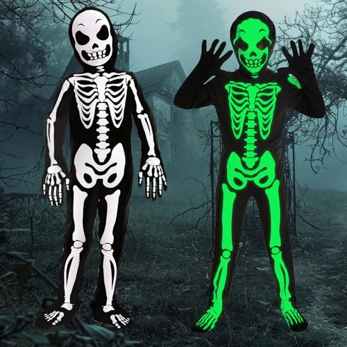 BBLTIFF Halloween Kostüm Kinder, Skelett Kostüm Kinder mit Kapuze und Handschuhen, Leuchtend Halloween Skelett Kostüme Kinder, Kostüm Halloween, Halloween Scary Jumpsuit für Jungen & Mädchen Größe L von BBLTIFF