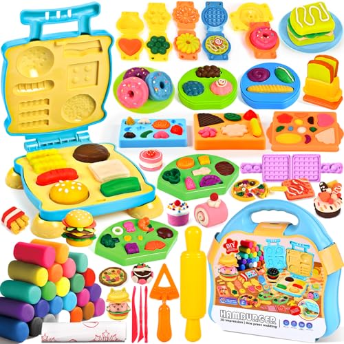 BBLTIFF 49 Stück Knete Zubehör Kitchen Creations, Knetwerkzeug mit 24 Stück Ton, Burger-Maschine, Knete Set Knetwerkzeug für Kinder, Knete Set, Knete Zubehör, Kinderknete für Jungen Mädchen ab 3 von BBLTIFF