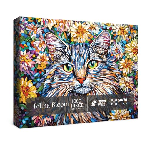 Blumen-Katzen-Puzzles für Erwachsene, 1000 Teile, buntes Kunst-Blumen-Tier-Puzzle, schöne Pflanzengarten-Herausforderung Puzzles für Erwachsene von BBOLDIN