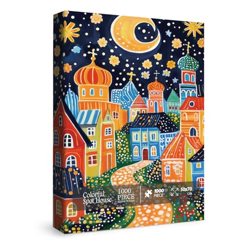 Buntes Haus-Puzzles für Erwachsene, 1000 Teile, Kunst, hübsche Stadt-Puzzles, schöne Fantasie-Mond-Puzzles von BBOLDIN