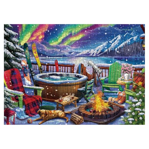 Buntes Nordlicht-Landschaftspuzzle für Erwachsene, 1000 Teile, hübsches Winter-Puzzle, Landschaft, Hund, Bergbaum, Hütte, Schnee Puzzle von BBOLDIN