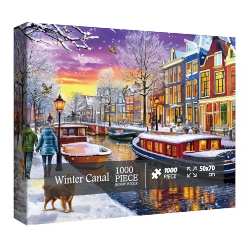 Buntes Winter-Amsterdam-Puzzle für Erwachsene, 1000 Teile, hübsches Reise-Landschaftspuzzle, Hund, Schneemann, Schnee, Sonnenuntergang, Winterszene Puzzle von BBOLDIN