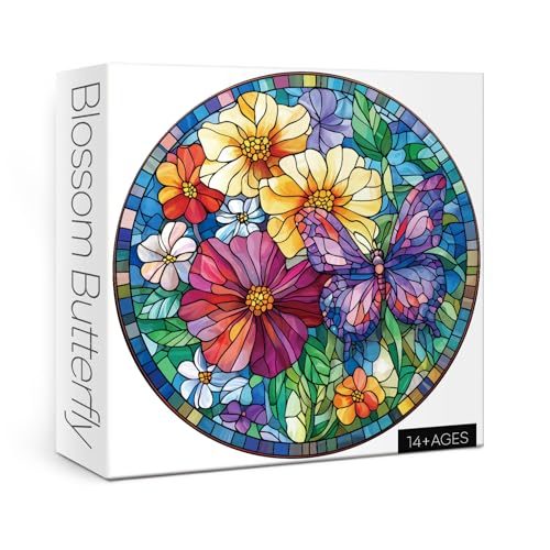 Buntglas-Blumen- und Schmetterlingspuzzle für Erwachsene, 1000 Teile, rundes Mosaik-Kunst-Puzzle, buntes Blumenpuzzle von BBOLDIN