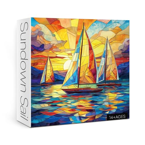 Buntglas-Puzzle mit Segelboot, Sonnenuntergang, für Erwachsene, 1000 Teile, buntes Landschafts-Puzzle, Ozean, Meeresschiff, herausforderndes Puzzle von BBOLDIN