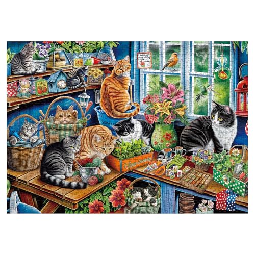 Cat Gardening Hütte Puzzle für Erwachsene 1000 Teile Blumen Pflanze Puzzle Niedliches Kätzchen Garten Puzzle von BBOLDIN