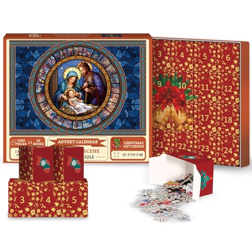 Christliches Puzzle Adventskalender Puzzles für Erwachsene 1000 Teile Krippe Weihnachten Countdown Puzzles Buntglas Religiöse Puzzle Jesus Puzzles von BBOLDIN