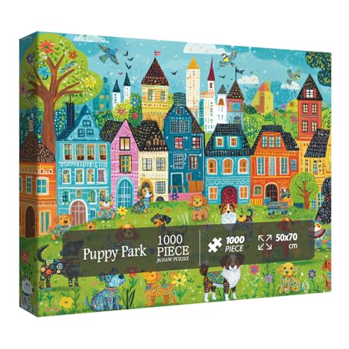 Dog Park Puzzle für Erwachsene, 1000 Teile, lustiges süßes Welpen-Puzzle, buntes Vogel-Blumenhaus, abstraktes Puzzle von BBOLDIN