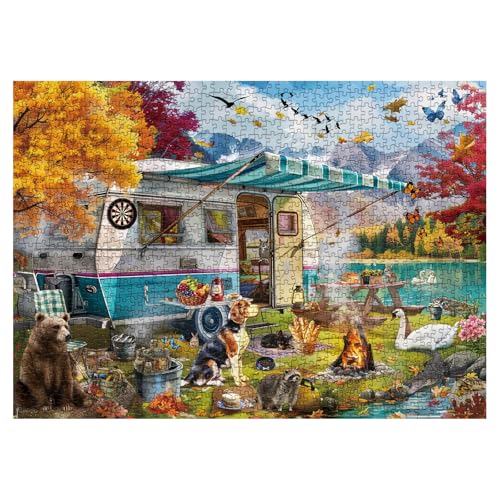 Herbst Camping Puzzles für Erwachsene 1000 Teile, Herbst RV See Puzzles, Hund Auto Vogel Puzzles von BBOLDIN