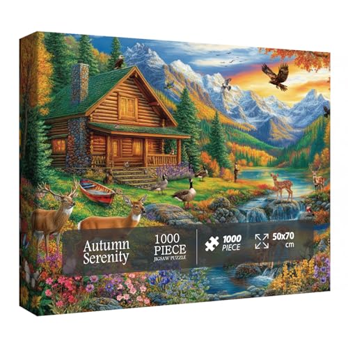 Herbstlandschaftspuzzle für Erwachsene, 1000 Teile, Natur, gemütliches Herbst-Puzzle, buntes Blumen-Hirsch-Vogel-Puzzle von BBOLDIN