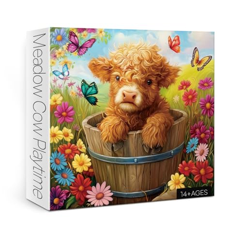 Highland Cow Sunflower Puzzle 1000 Teile für Erwachsene, buntes Blumen- und Schmetterlingspuzzle, Tier-Puzzle, florale Landschaft Puzzles von BBOLDIN