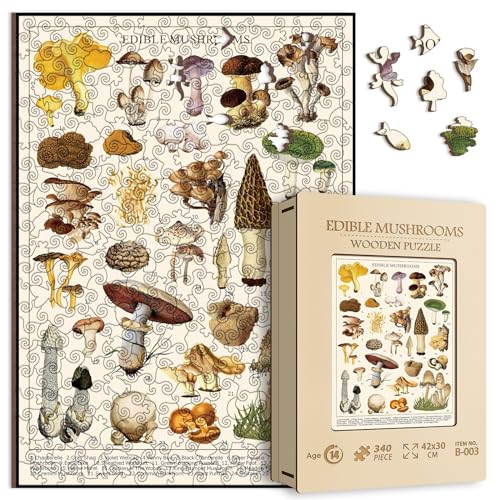 Holz Vintage Pilz Puzzle 340 Teile für Erwachsene, Vintage Pilze Holzpuzzle mit 25 essbaren Pilzen, Champignons Pflanzenpuzzle für Mykophile, 39,9 x 28,4 cm von BBOLDIN