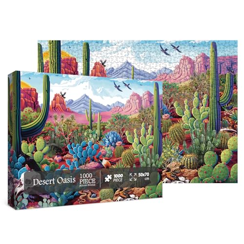 Kaktus Landschaft Puzzles für Erwachsene 1000 Teile Natur, Schöne Pflanze Wüstenoase Kunst Puzzles, Vogel Blume Tier Malerei Puzzle als Wohnkultur von BBOLDIN