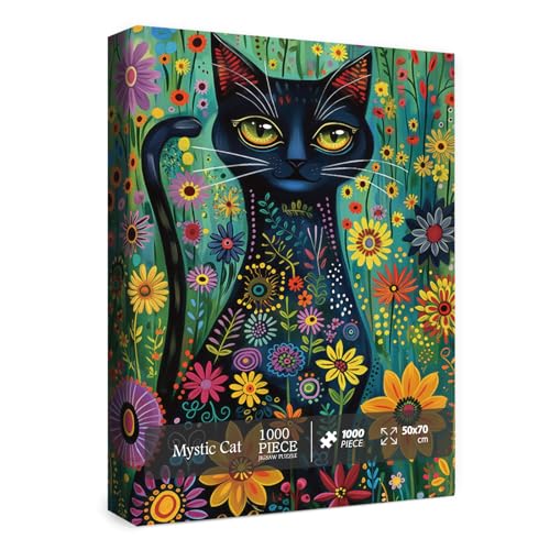 Katzenblumen-Puzzle für Erwachsene, 1000 Teile, buntes Blumen-Puzzle, mystische schwarze Katze, Sonnenblume, Kätzchen-Puzzle von BBOLDIN