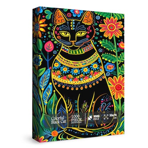 Katzenblumenpuzzles für Erwachsene 1000 Teile, Schwarze Katze Kunst Puzzles, Tier Niedliche Gartenpuzzles von BBOLDIN