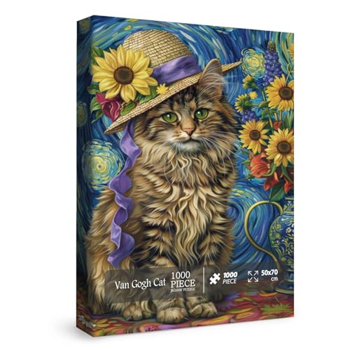 Katzenpuzzles für Erwachsene 1000 Teile, Van Gogh Tier Puzzles, Vase Blume Kunst Puzzles von BBOLDIN