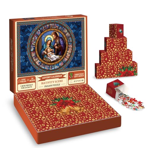 Krippen-Puzzle, Adventskalender-Puzzles für Erwachsene, 1000 Teile, Weihnachts-Countdown-Puzzles, Buntglas, religiöses Puzzle, Jesus, christliche Puzzles für Wohnkultur von BBOLDIN