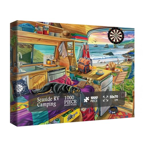 Strand Camping Puzzles für Erwachsene 1000 Teile, Natur Hund Angeln Puzzles, Tier Schöne RV Puzzles von BBOLDIN