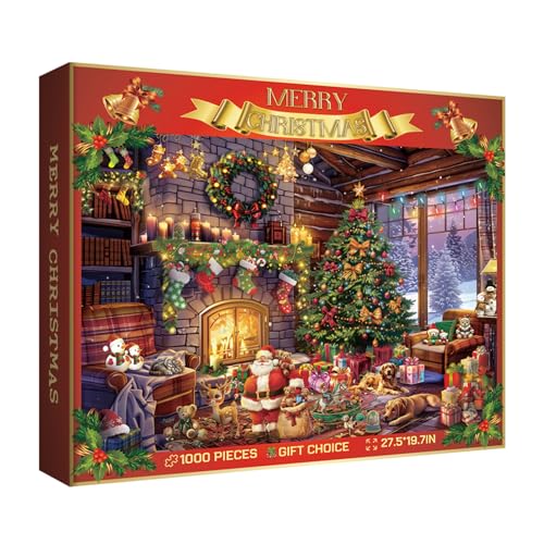 Weihnachtskabinenpuzzle 1000 Teile für Erwachsene, Winterurlaub Weihnachtsmann Puzzles, gemütlicher Hund Kamin Begleiter Puzzle von BBOLDIN