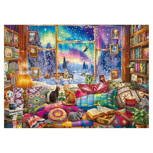 Winterbuch Nook Puzzle 1000 Teile für Erwachsene, Gemütliche Hütte Nordlichter Puzzle, Katze Tiere Puzzles von BBOLDIN