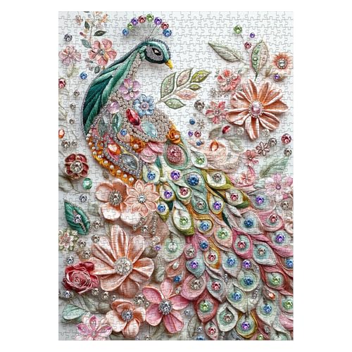 Wunderschöner Schmuck Pfau Puzzles für Erwachsene 1000 Teile, bunte Blumen-Vogel-Puzzles, unmöglich herausforderndes Puzzle für Erwachsene von BBOLDIN