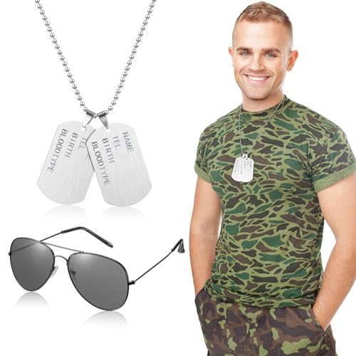 2 Stück Flieger Captain Kostüm Set Flieger Verkleidung Accessoires Sonnenbrille Fliegerbrille und Silber Erkennungsmarke Kette Metall Hundemarke Halskette für Armee Militär Cosplay (Klassisch) von BBTO